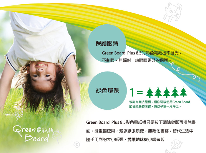 Green Board Plus 8.5電紙板只要按下清除鍵即可清除畫面，能重複使用，減少紙張浪費