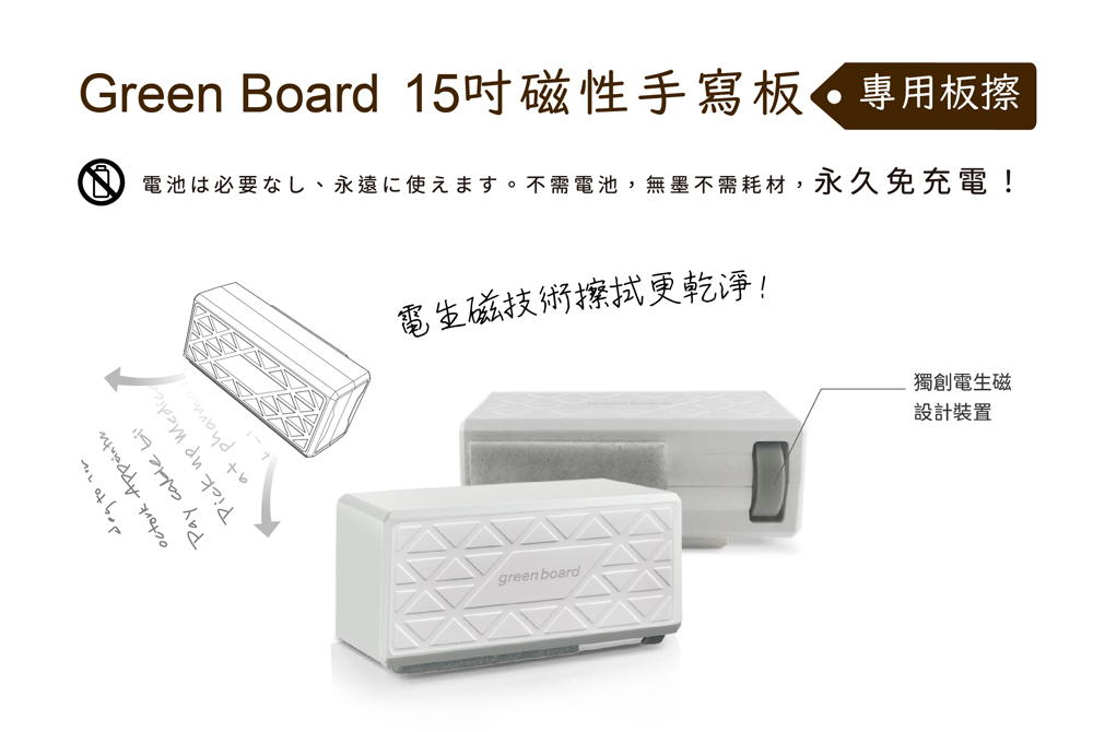 Green Board 15吋磁性手寫板專用機械板擦，不需使用電池，永久免充電