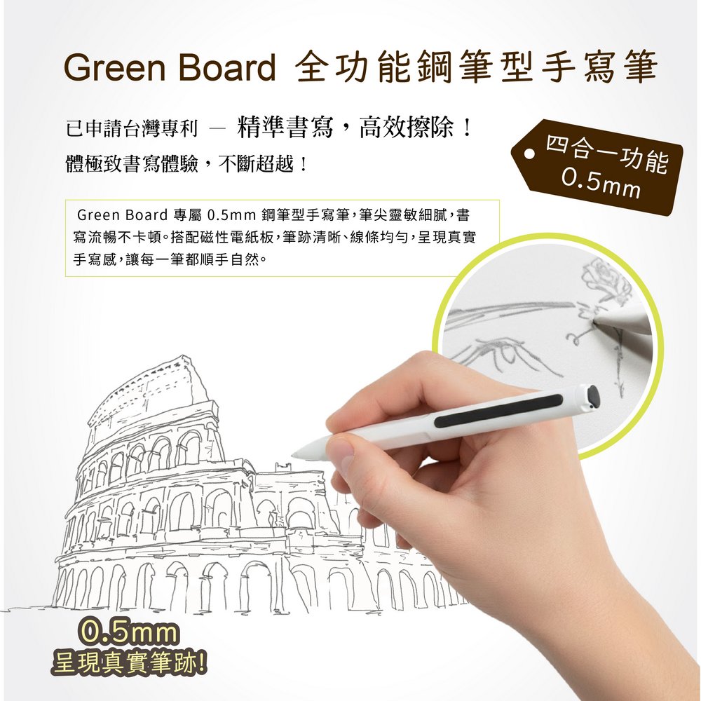 Green Board  0.5mm 全功能鋼筆型手寫筆 精緻筆尖,流暢書寫