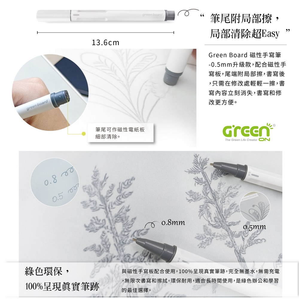 Green Board 磁性電紙板專用P5手寫筆-0.5mm 筆尾附局部擦,局部清除超Easy