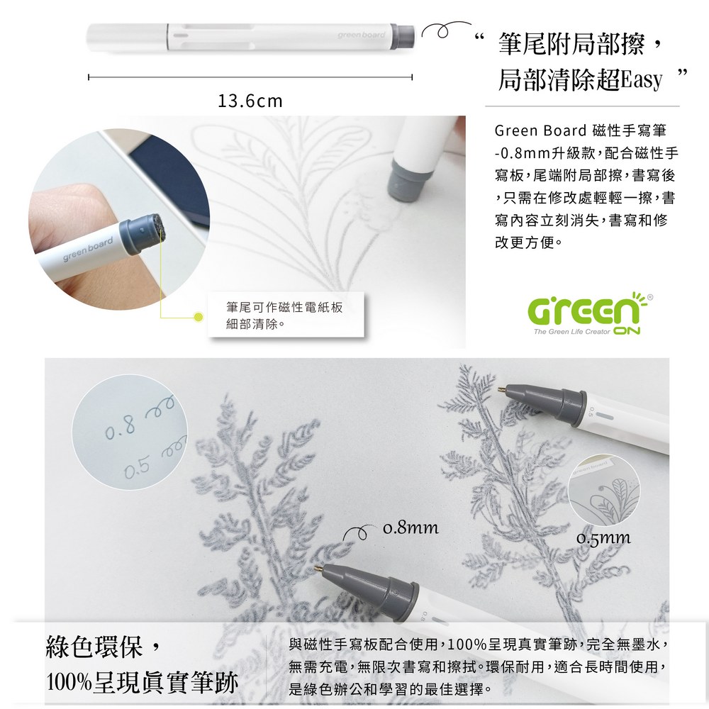 Green Board 磁性電紙板專用手寫筆, 筆尾附局部擦,局部清除超Easy。